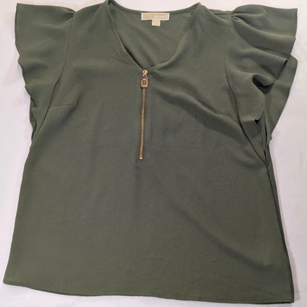 Michael Michael Kors Olive Green Ruffle/Flutter Sleeve Gold Zip Top Size Medium